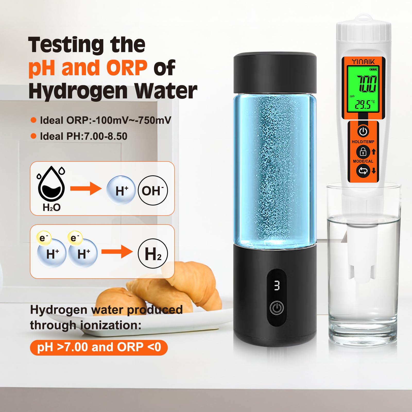 Wasserstoff Wassertester, YINMIK Wasserstoff Wasserflasche, Digitales 4 in 1 pH ORP Messgerät und Wasserstoff Wasser ppb/ppm Messgerät, Professionell Verwendet für Wasserstoffreiche Wasserbecher