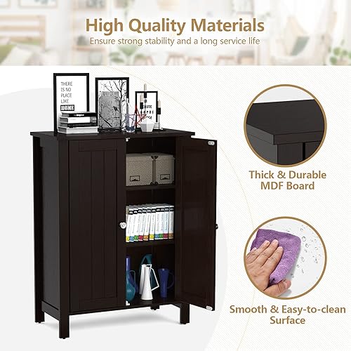Miniatura 9 de GOFLAME Armario de suelo de baño, armario organizador de almacenamiento independiente con estante ajustable de 3 niveles y puertas dobles, armario