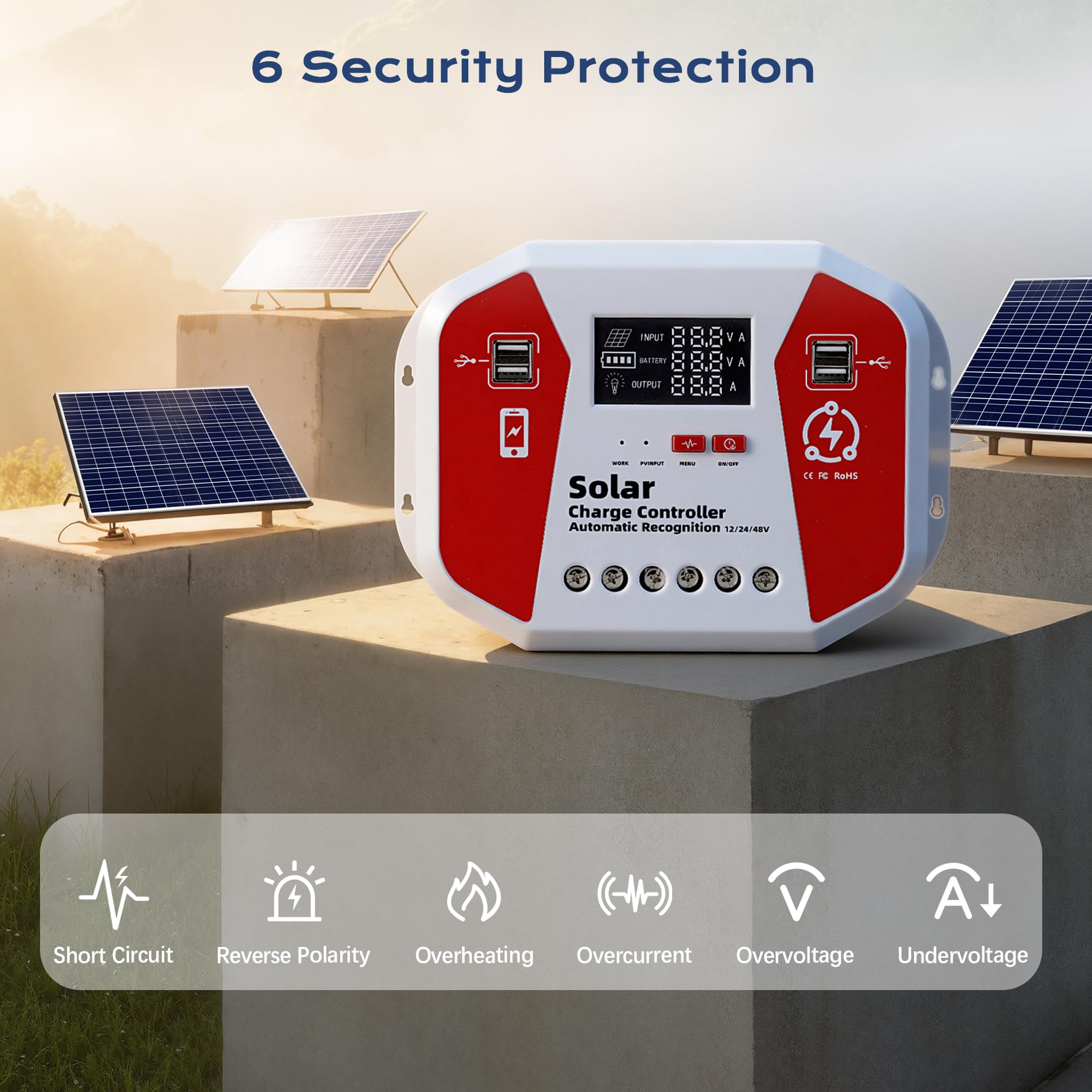 12V/24V Contrôleur De Charge Solaire, PWM Contrôleur De Charge Panneau Solaire, LCD Écran, 4 Ports USB, Compatible Gel Sealed Flooded Et La Batterie Au Lithium (60A)