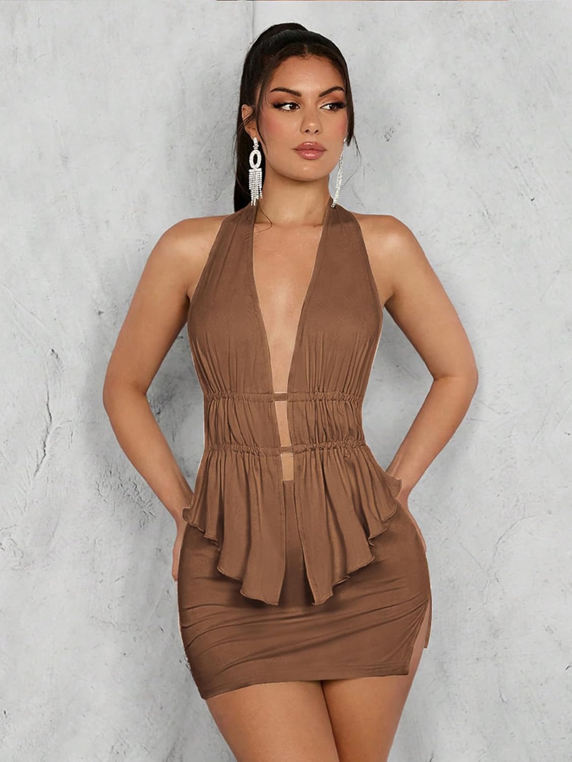 SOLY HUX Women's Sexy 2 Piece Outfits Hollow Out Asymmetrical Halter Top Bodycon Mini Skirt Party Club Sets - Image 6