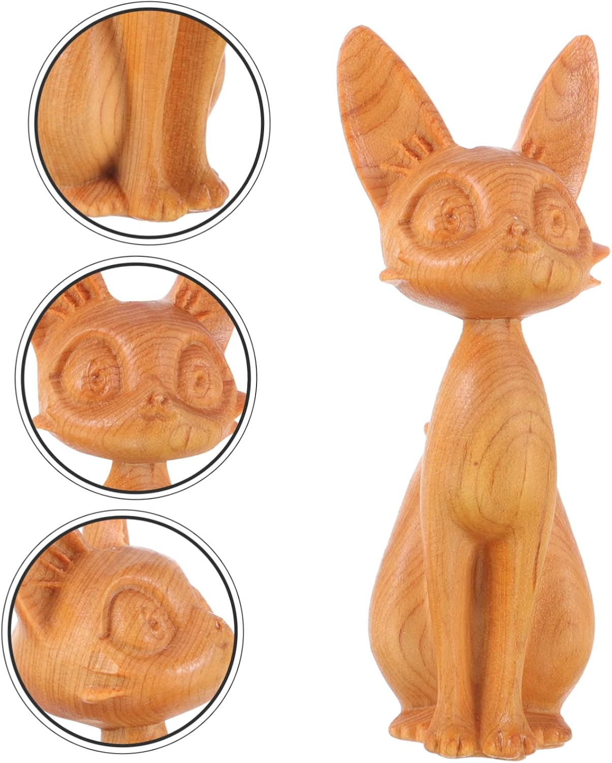 Wood Carving Cat Statue Desktop Decor with Pen Storage Rack image 4