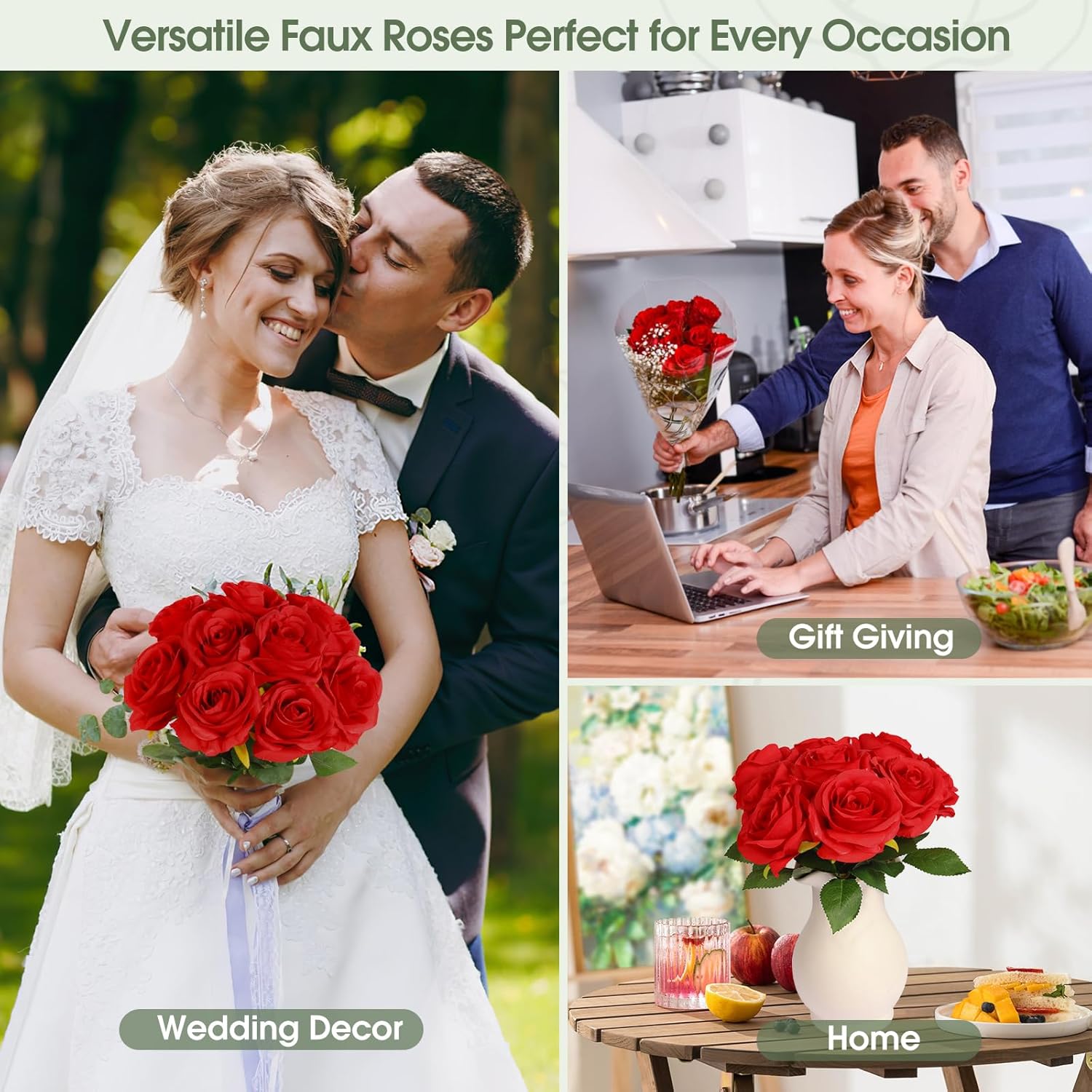 20PCs Realistic Red Roses Artificial Silk Flowers with Long Stems, Real Touch Fake Red Roses Bulk for Arrangement Wedding Party Home Table Decor, DIY Bouquet - Image 7