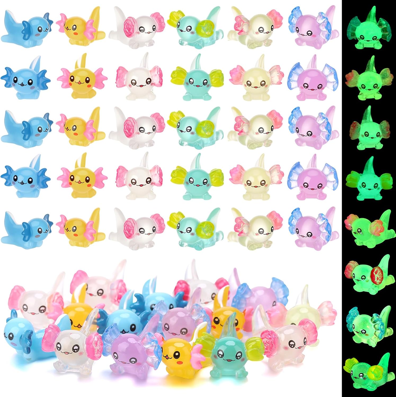 30 Pcs Mini Resin Axolotl, Miniature Axolotl Figures to Hide, Unique Axolotl Ears in The Floral and White-Tailed Axolotl for Dollhouse Fairy Garden Landscape Aquarium (Some Styles Glowing)