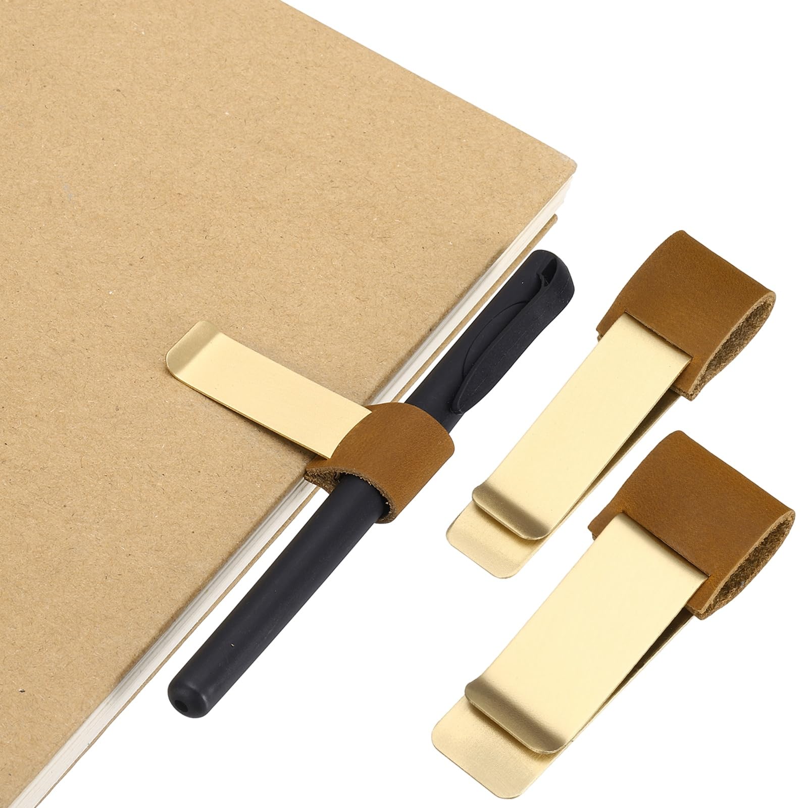 PATIKIL 2Pcs Pen Loop for Notebook, Brass Wax Retro Leather Pencil Holder Pen Clip for Notebook Clipboards Pocket Office Traveler Journals Planner, Camel/Brass