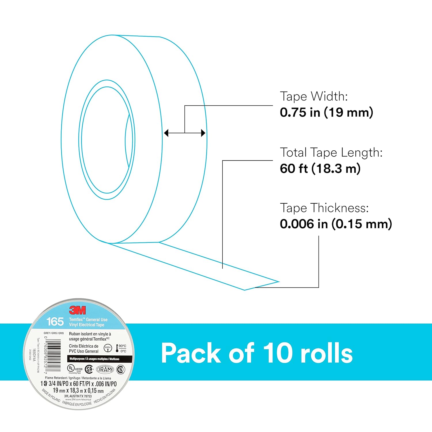 3M Temflex Multi-Purpose Vinyl Electrical Tape 165, Gray, 3/4 in x 60 ft (19 mm x 18 m), 10 Roll Pack
