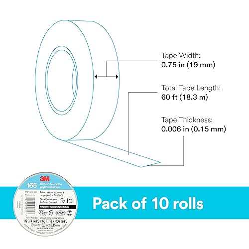 Miniatura 4 de 3M Temflex Multi-Purpose Vinyl Electrical Tape 165, Gray, 34 in x 60 ft (19 mm x 18 m), 10 Roll Pack