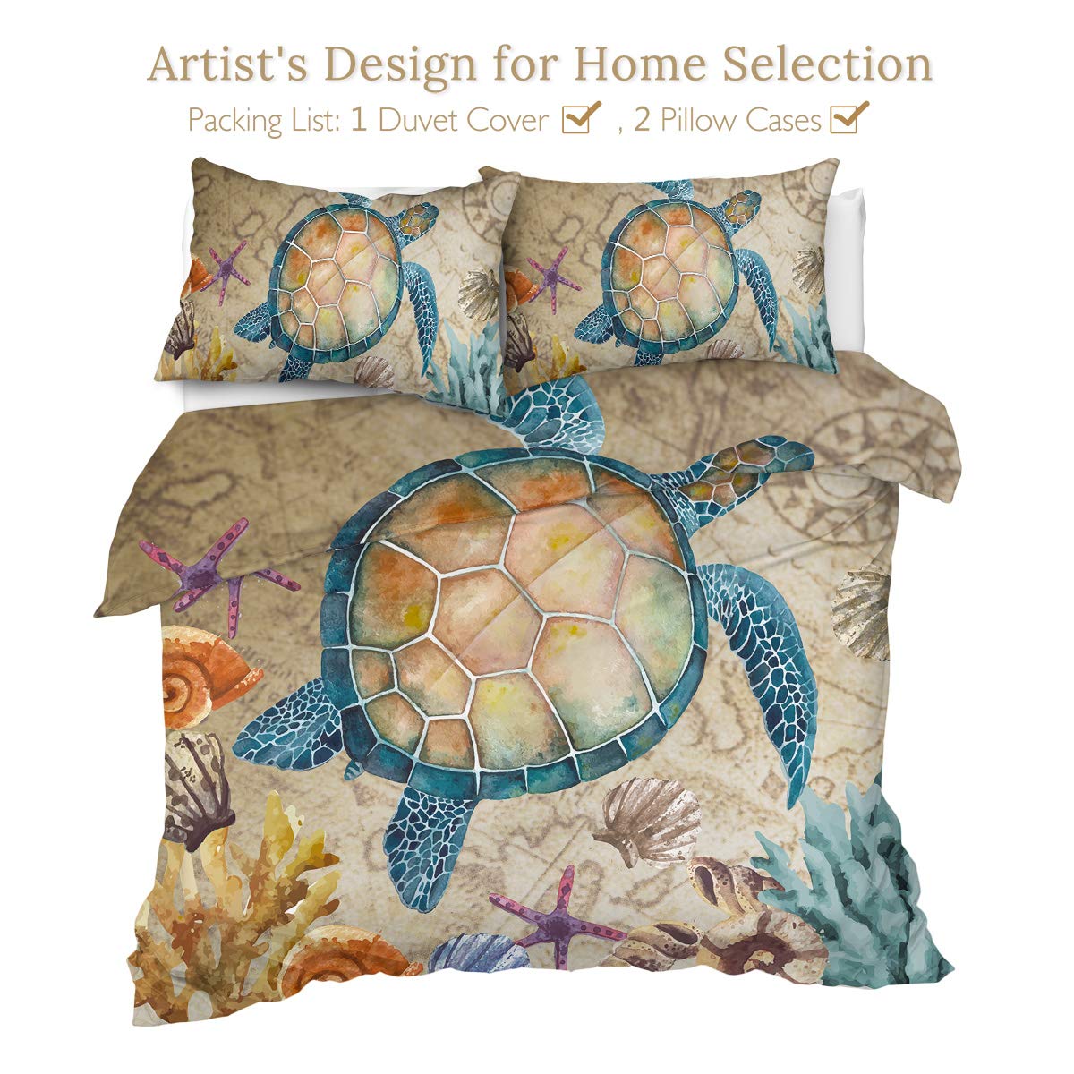 Sleepwish Rustic Map Bedspread Sealife Sea Turtle Coastal King Bedding 3 Pieces Old Brown Marine Duvet Cover Set