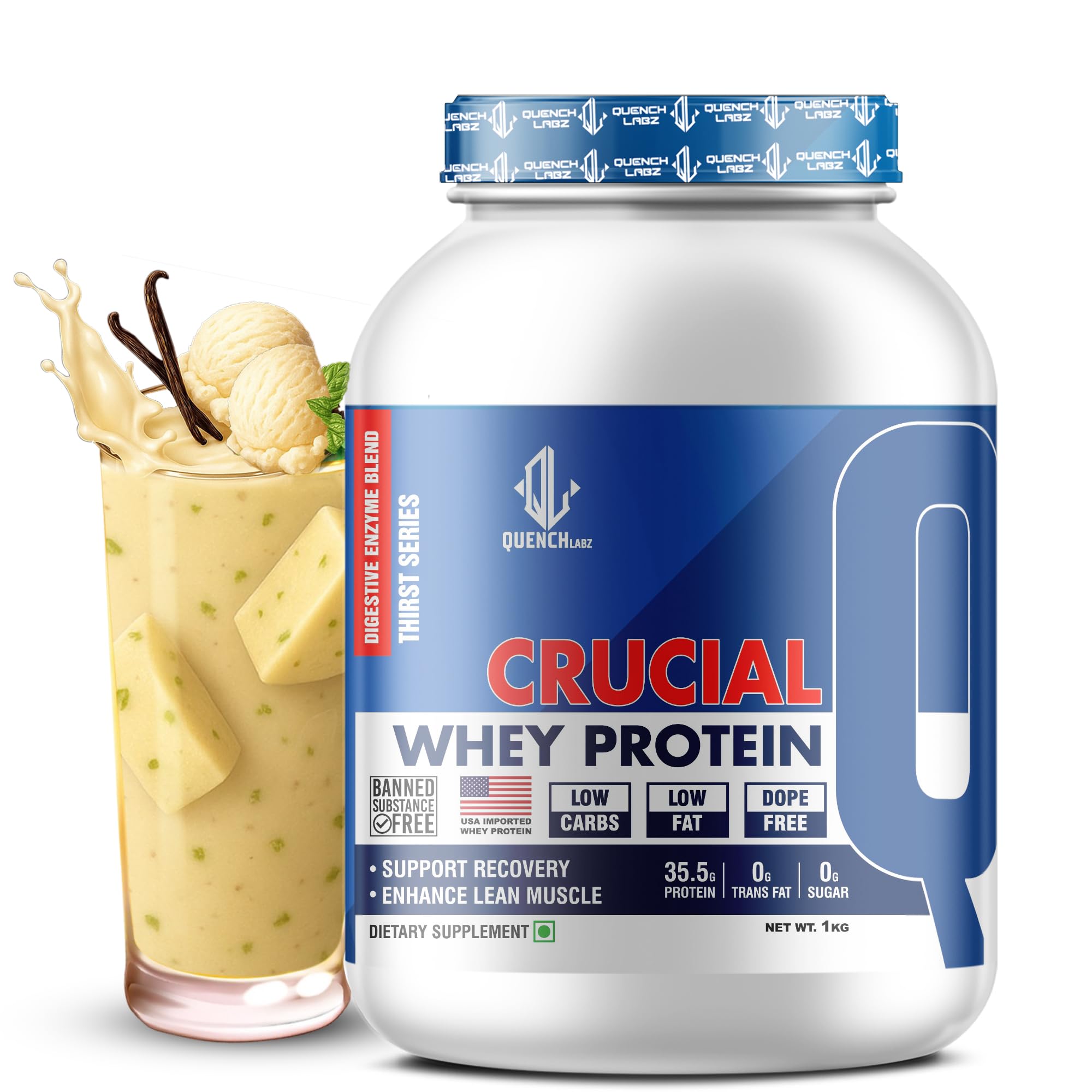 QUENCHLABZ CRUCIAL Whey Protein 1kg Mango | 35.5g Protein per Serving | Low Carb, Low Fat, No Sugar | Muscle Recovery & Growth | FSSAI Certified — Amazon image 17