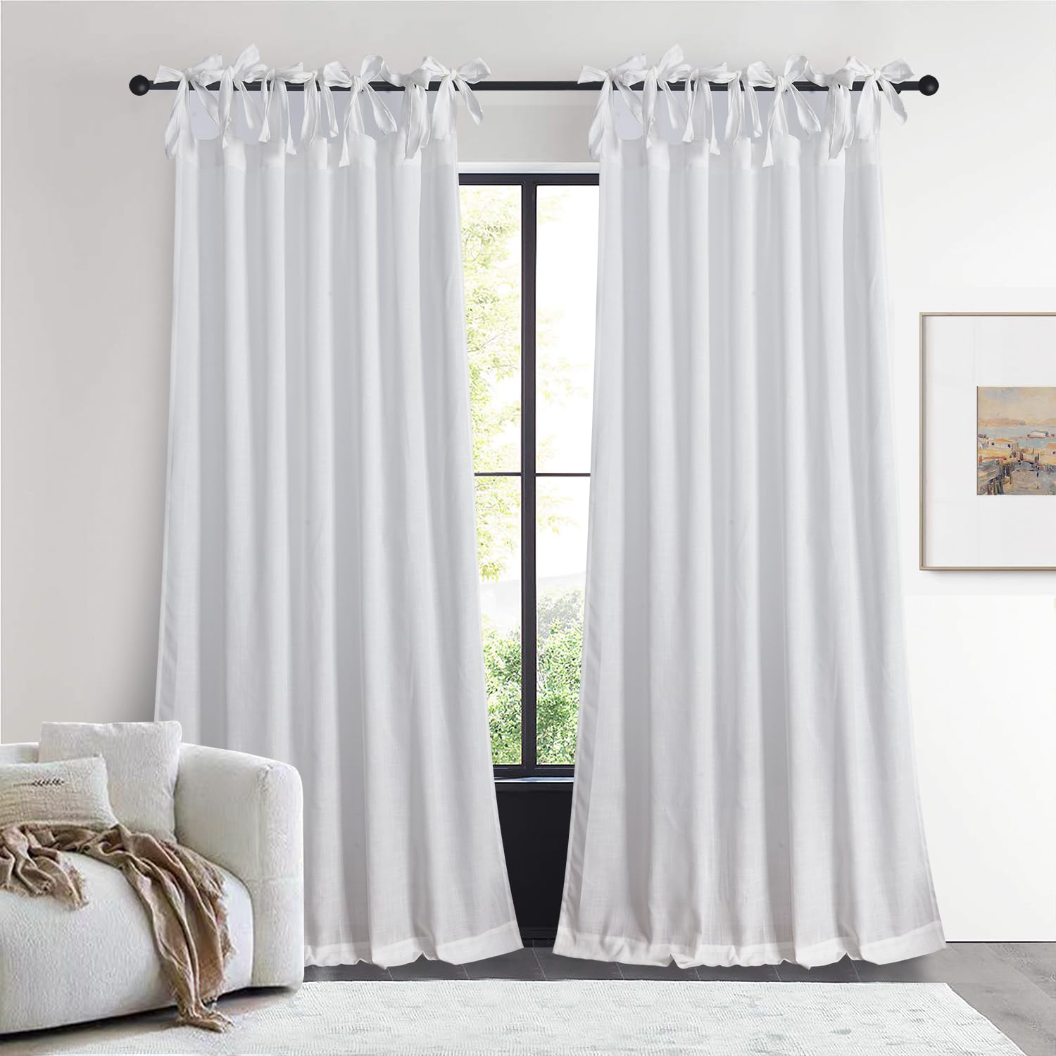 Vorhang mit Bindebändern aus Leinen-Baumwoll-Mischgewebe, rustikaler schicker Vorhang für Wohnzimmer oder Schlafzimmer, 132 x 213 cm, gebrochenes Weiß, 2 Paneele