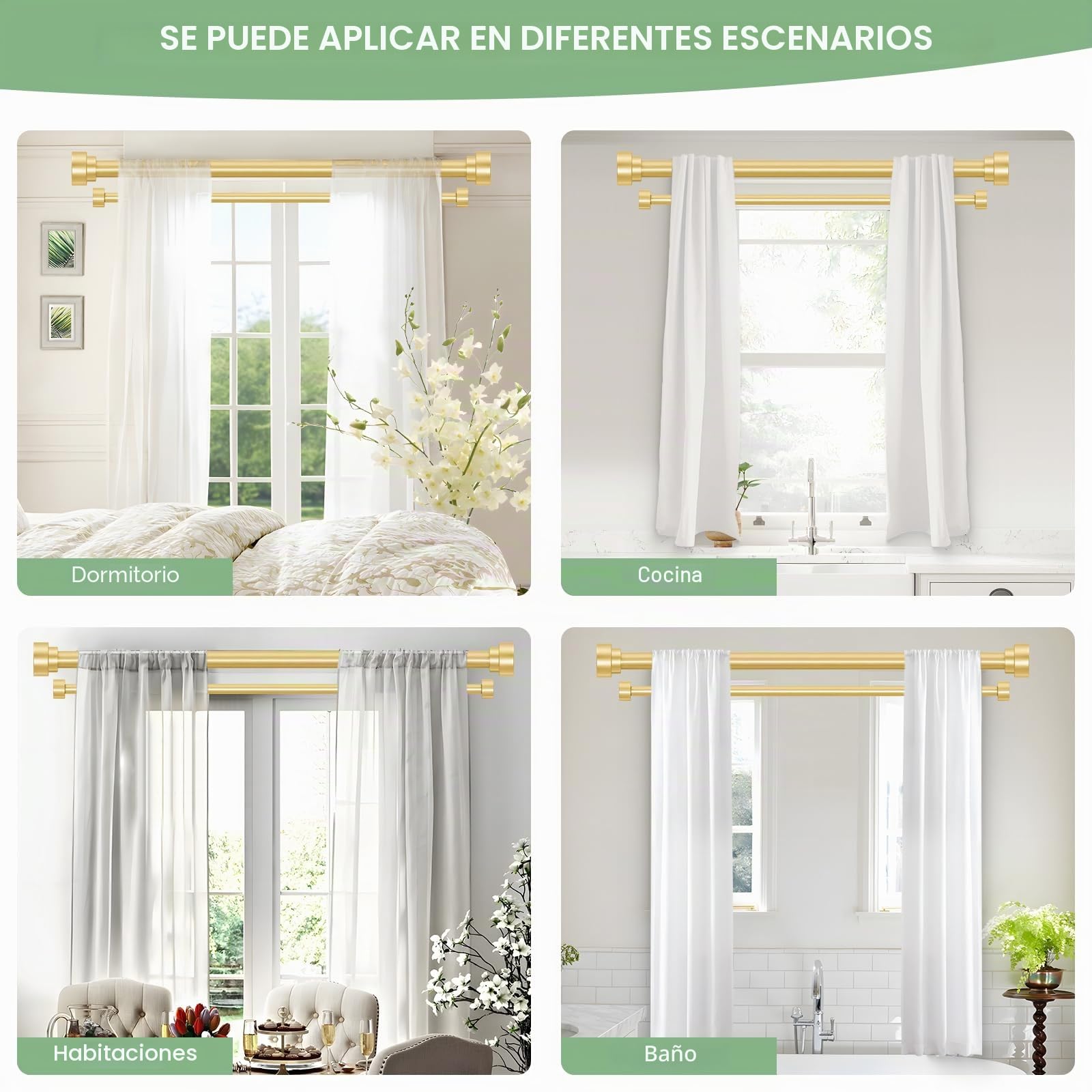 TANGWIN Barra doble para cortinas de hierro latón dorado, extensible de 167 a 305 cm, diámetro 2,5 cm, resistente y decorativa, para salón o dormitorio, diseño moderno, fácil de instalar
