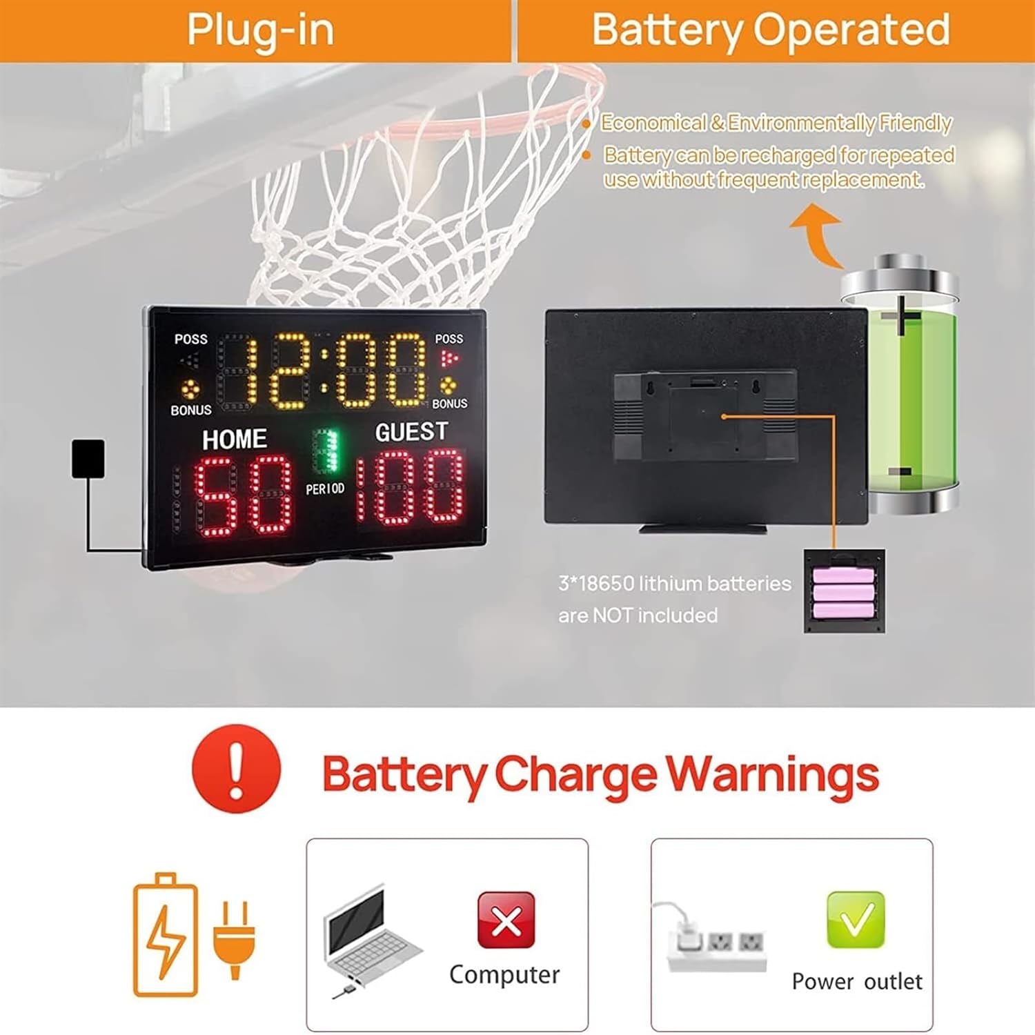 Sports Electronic Scoreboard, Basketball Digital Scoreboard, Wall-Mounted Score Clock Score Keeper, with 75dB Buzzer,Countdown Timer and Score for Game, Battery Powered,