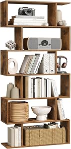 VASAGLE CUSTOS Collection - 6 Shelf Bookcase, S-Shaped Tall Bookshelf, Wood Display Shelf, Book Organizer, 27.6 x 9.5 x 75.4 Inch, Rustic Brown, for Living Room, Office, Rustic Brown ULBC61BXV1