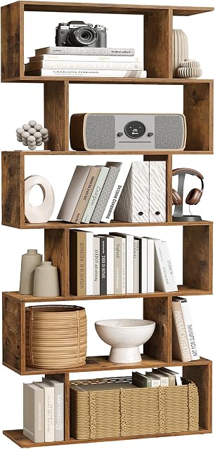 VASAGLE CUSTOS Collection - 6 Shelf Bookcase, S-Shaped Tall Bookshelf, Wood Display Shelf, Book Organizer, 27.6 x 9.5 x 75.4 Inch, Rustic Brown, for Living Room, Office, Rustic Brown ULBC61BXV1