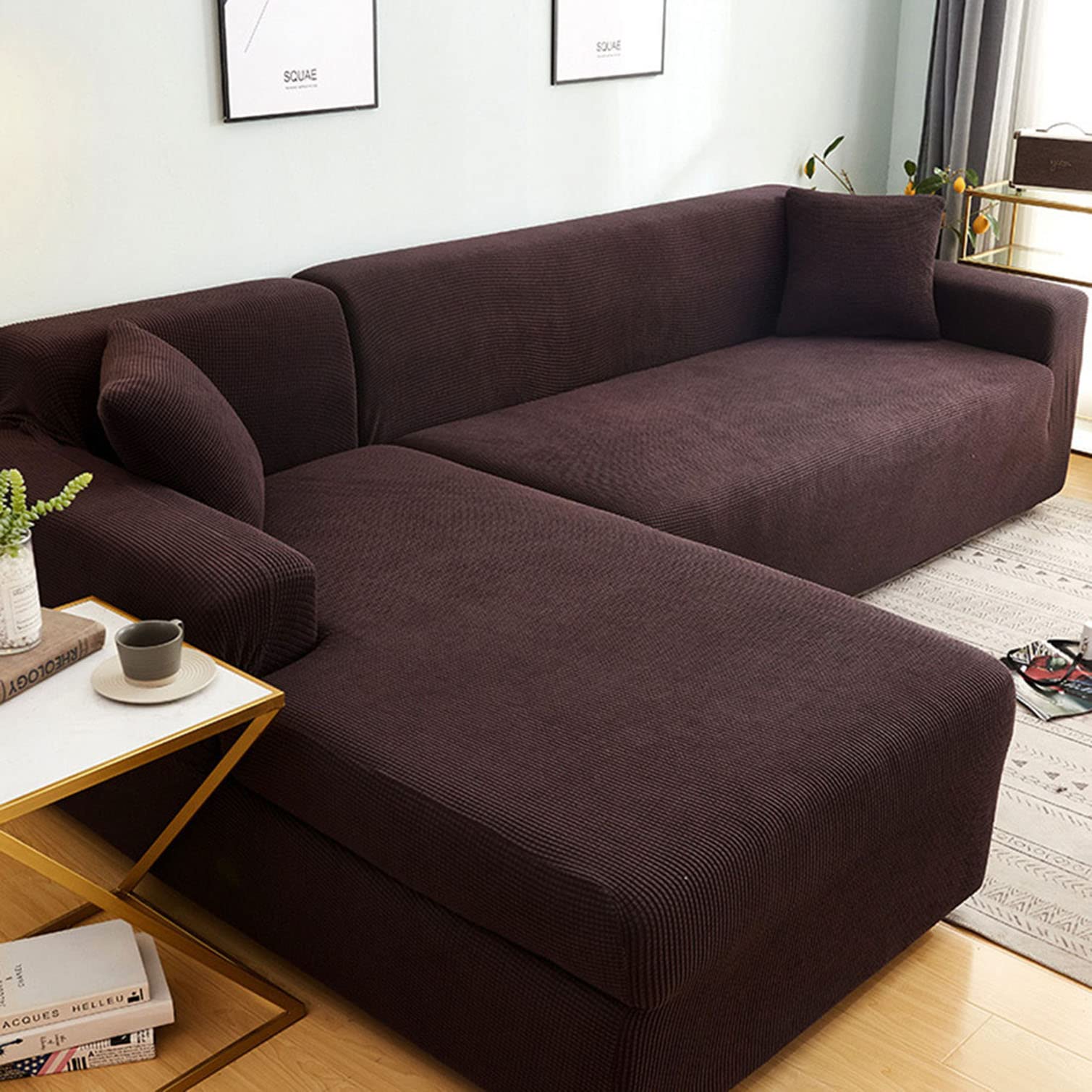DFVEKYOW Stretch Sectional Sofa Cover L Shape Sofa Slipcovers Fabric Furniture Protector with Elastic Bottom Couch Covers for Living Room -coffee-2 Seater(145-185cm)