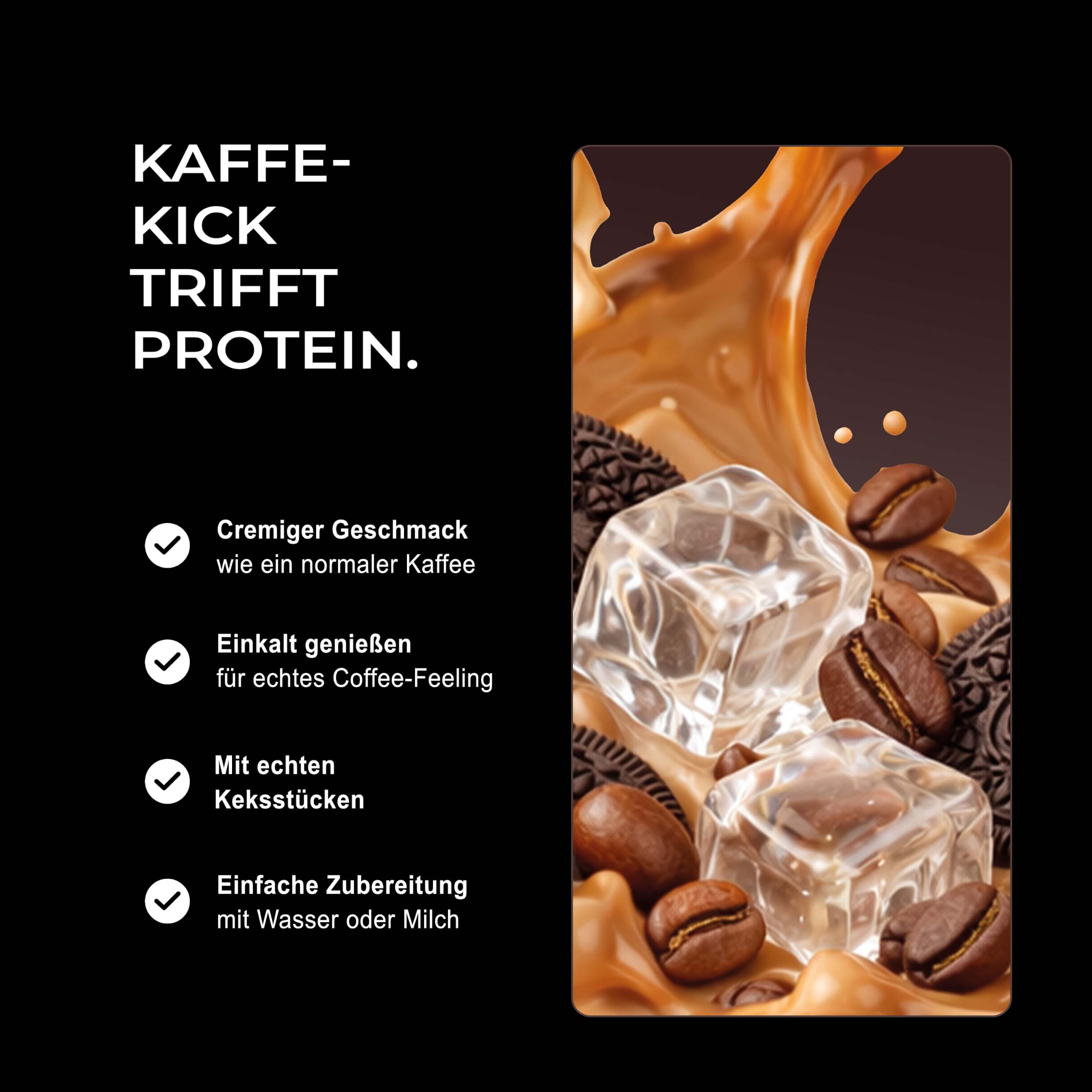 NEOSUPPS Protein Coffee Cookies & Cream 500g, Eiweißkaffee mit 20g Molkenprotein & 80mg Koffein pro Portion, Low Sugar Protein Drink mit echtem Kaffee & Cookie-Stückchen