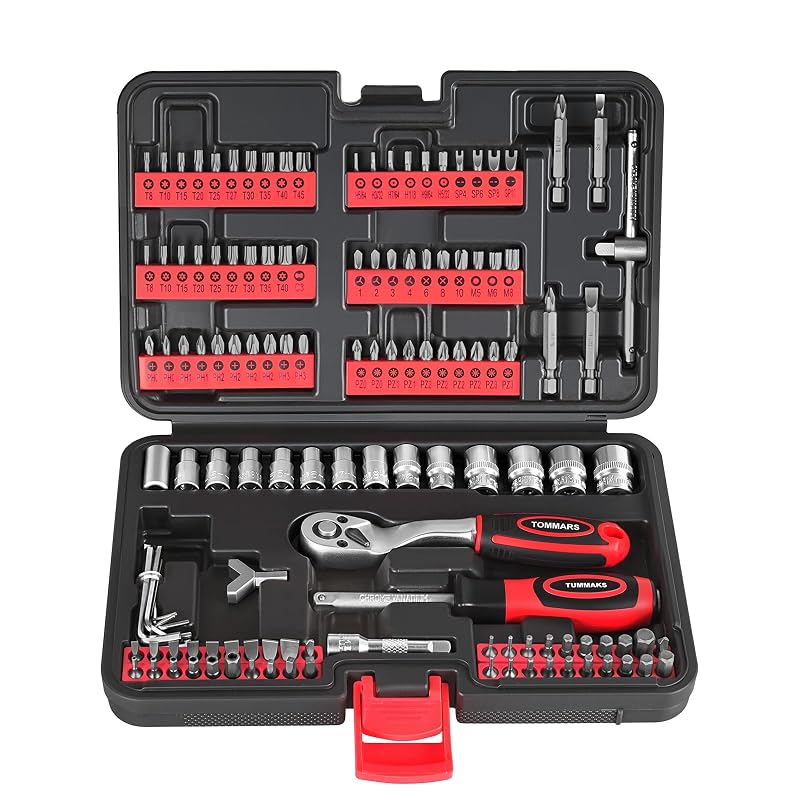 TOMMARS Kit de Soquetes e Bits com Mini Chave Catraca 1/4 pol., 130 peças