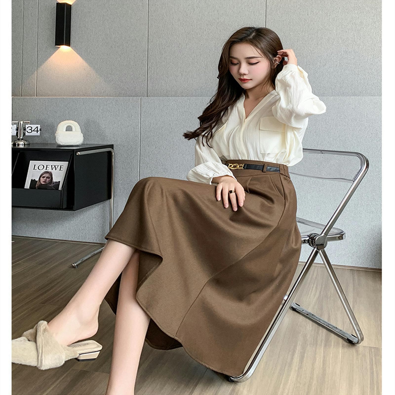 Gonna Lunga Donna Gonna delle Donne Elegante Lunga Midi Gonna Abbinamento Cintura A-Line Colore Autunno Inverno Moda Calda Gonna Plissettata Vita Alta-Nero-XL