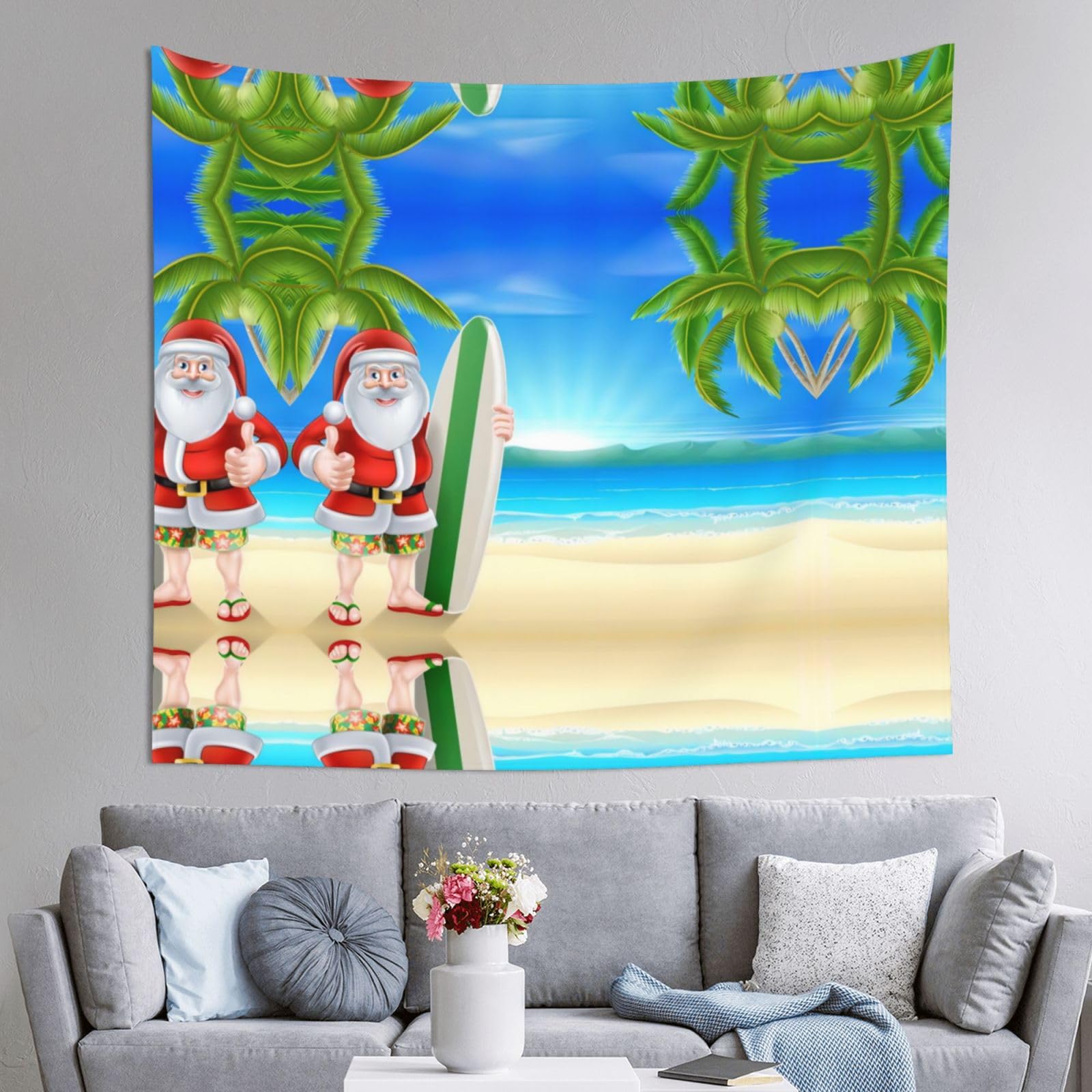 HLSBSSL 60x51in Santa Claus With The Beach And Surfboard Printed Tapestry Tablecloth for Dormitory and Picnic Rooms - Multifunctional Fabric Hanging