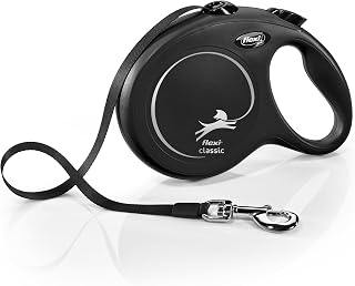 FLEXI New Classic Retractable Dog Leash 26 ft Tape for Large Dogs up to 110 lbs Black - Tangle-Free One-Hand Brake Lock German Quality