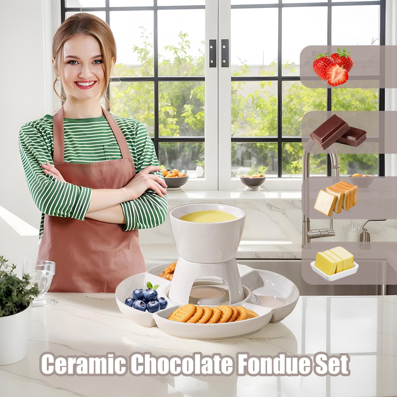 Set de Fondue de Chocolate Cerámica, con vela, Tenedor, Bandeja | Kit Fundidor Chocolate Para Snacks De Frutas, Bocaditos, Noche De Juegos Y Cine, Navidad, San Valentín, Cumpleaños,
