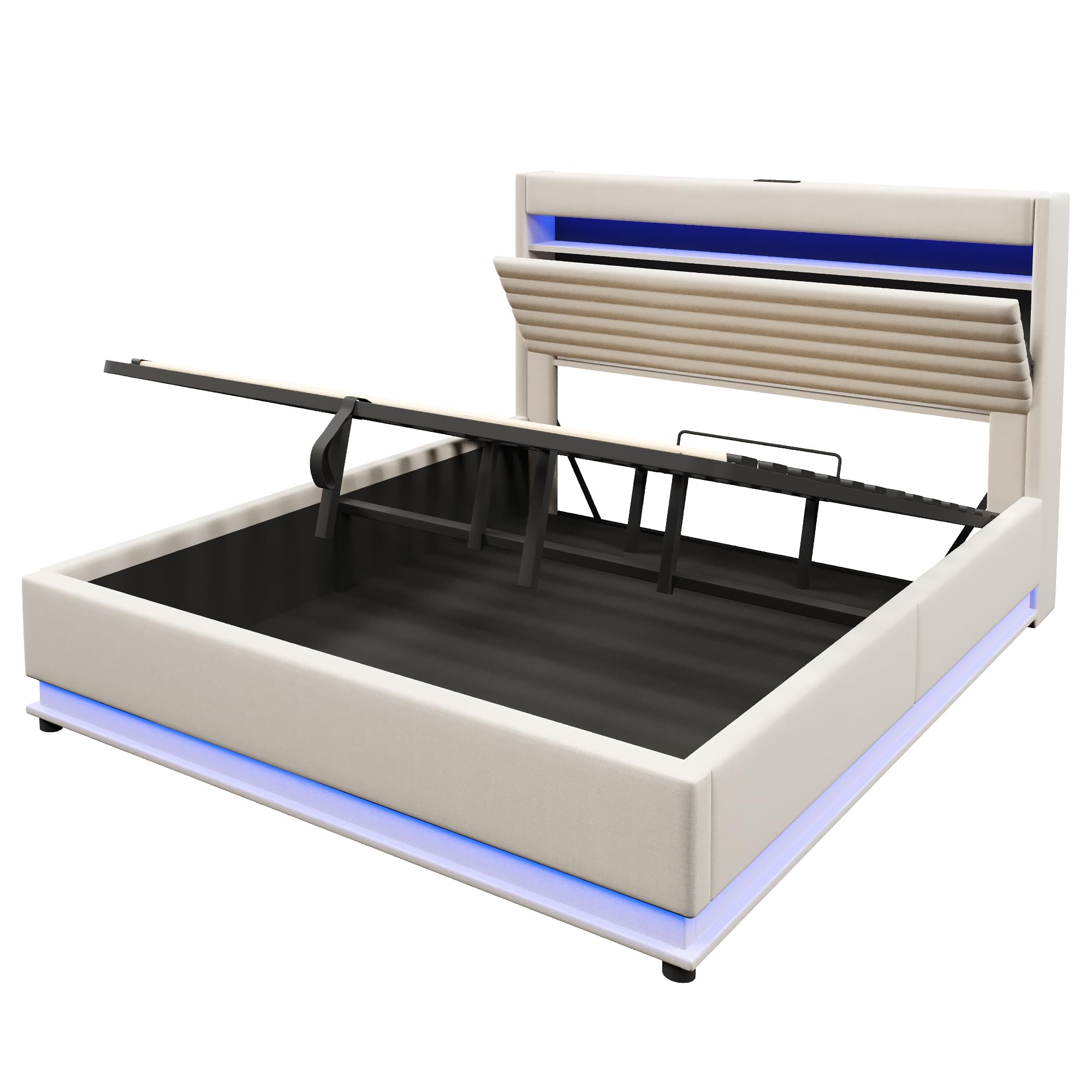 Cama 180x200 cm Camas Matrimoniales con Carga USB y LED, Cama Tapizada Matrimonio con Cabecero de Almacenamiento y Almacenaje Hidráulico, Camas Doble, Lamas Madera, Lino, Sin Colchón, Beige