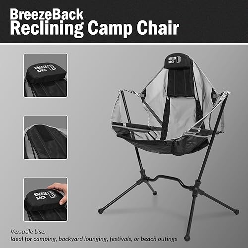 Miniatura 3 de Silla mecedora reclinable para campamento, silla plegable ligera para exteriores con movimiento mecedora suave, reclinable ajustable, reposacabezas