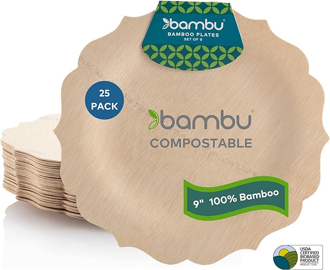 Bambu Pack of 25-9 Inch Disposable Bamboo Plates Fancy, Biodegradable
