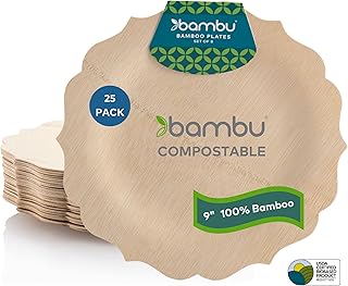 Bambu Pack of 25-9 Inch Disposable Bamboo Plates Fancy, Biodegradable Ec...