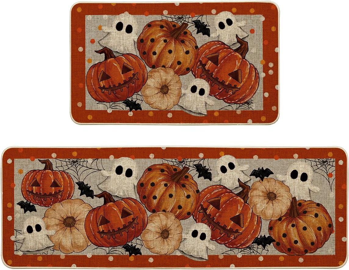 Artoid Mode Black Ghost Spooky Jack-O'-Lantern Pumpkin Halloween Kitchen Mats Set of 2, Low-Profile Home Decor Kitchen Rugs for Floor - 17x29 and 17x47 Inch