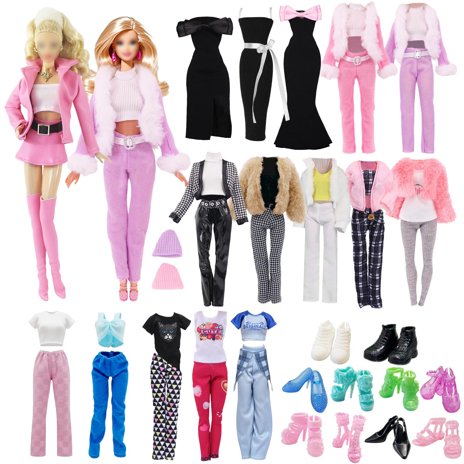 Poppenkleding, 18 stuks, compatibel met Barbie 11,5 inch meisjespop, modieuze poppenoutfit met 1 leren jas, 1 leren rok, 4 bandjes, 1 lange rok, 2 jassen, 3 lange broeken, 1 hoed, 5 schoenen