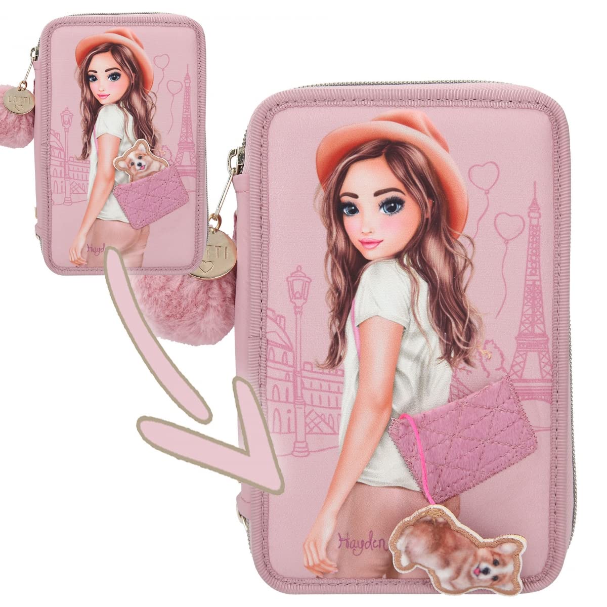 Depesche 12001 TOPModel Corgi - Gefüllte 3-Fach Federtasche in Rosa mit Model-Motiv und kleinem Corgi, Federmäppchen mit Buntstiften, Lineal, Schere uvm.