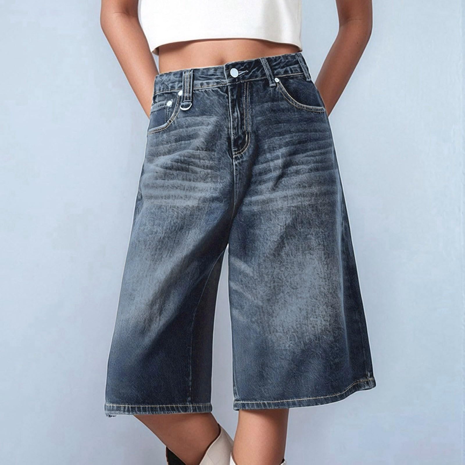 Générique Short en Jean Femme Ete Jean 3/4 Ample pour Femme Décontracté Jambe Large Longueur Genou Shorts Jeans Confortable et Casual Pantacourt avec Poches Style Streetwear pour Loisirs Quotidiens