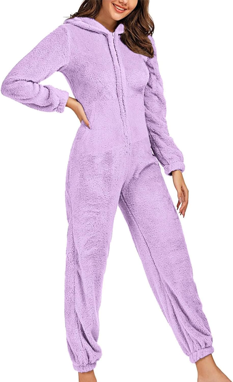 2025 Women Adult One Piece Pajamas Jumpsuit Sherpa Lined Jumpsuit Fuzzy Long Sleeve Hooded Pajama Warm Sleepwear