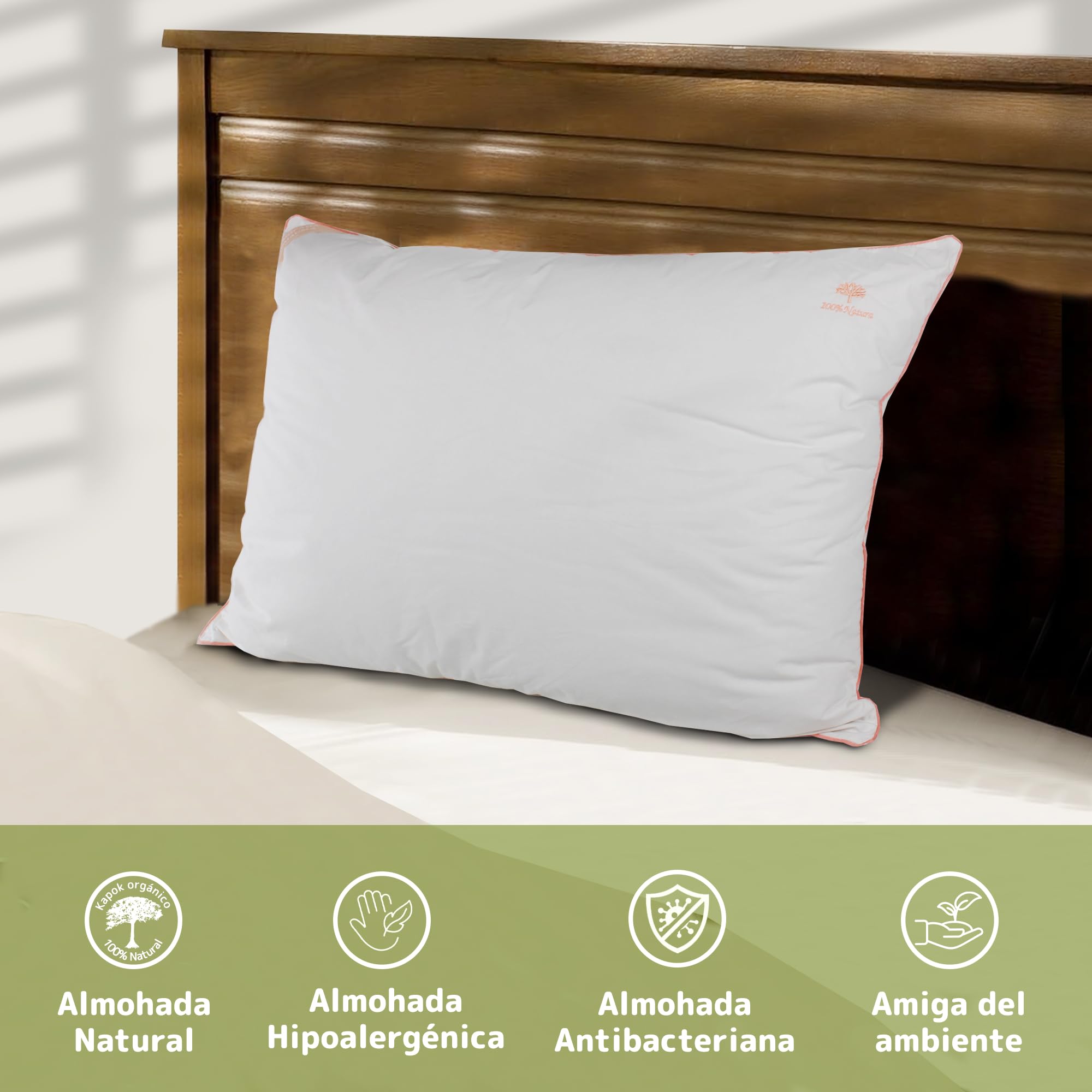 Genérico Almohada de Kapok Natural 65x45x18 cm con Funda de Algodón | Relleno de Kapok, Suave, Antialérgica, Antibacteriana, Para Dormir de Lado