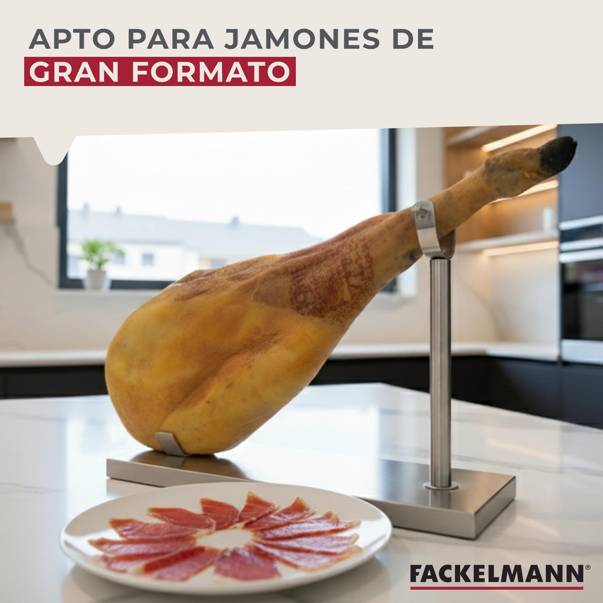 Fackelmann Set Soporte Jamonero Fijo Acero Inoxidable, 49x34 cm, Especial Jamones Grandes, Incluye Cuchillo Jamonero 34/34 cm y Chaira