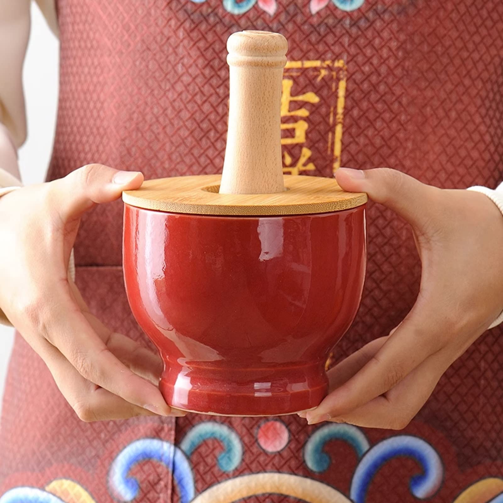 Trituradora, mortero y Maja Juego de mortero y Maja para Cocina con Tapa de bambú Molinillo de cerámica para moler mortero y Maja de Porcelana
