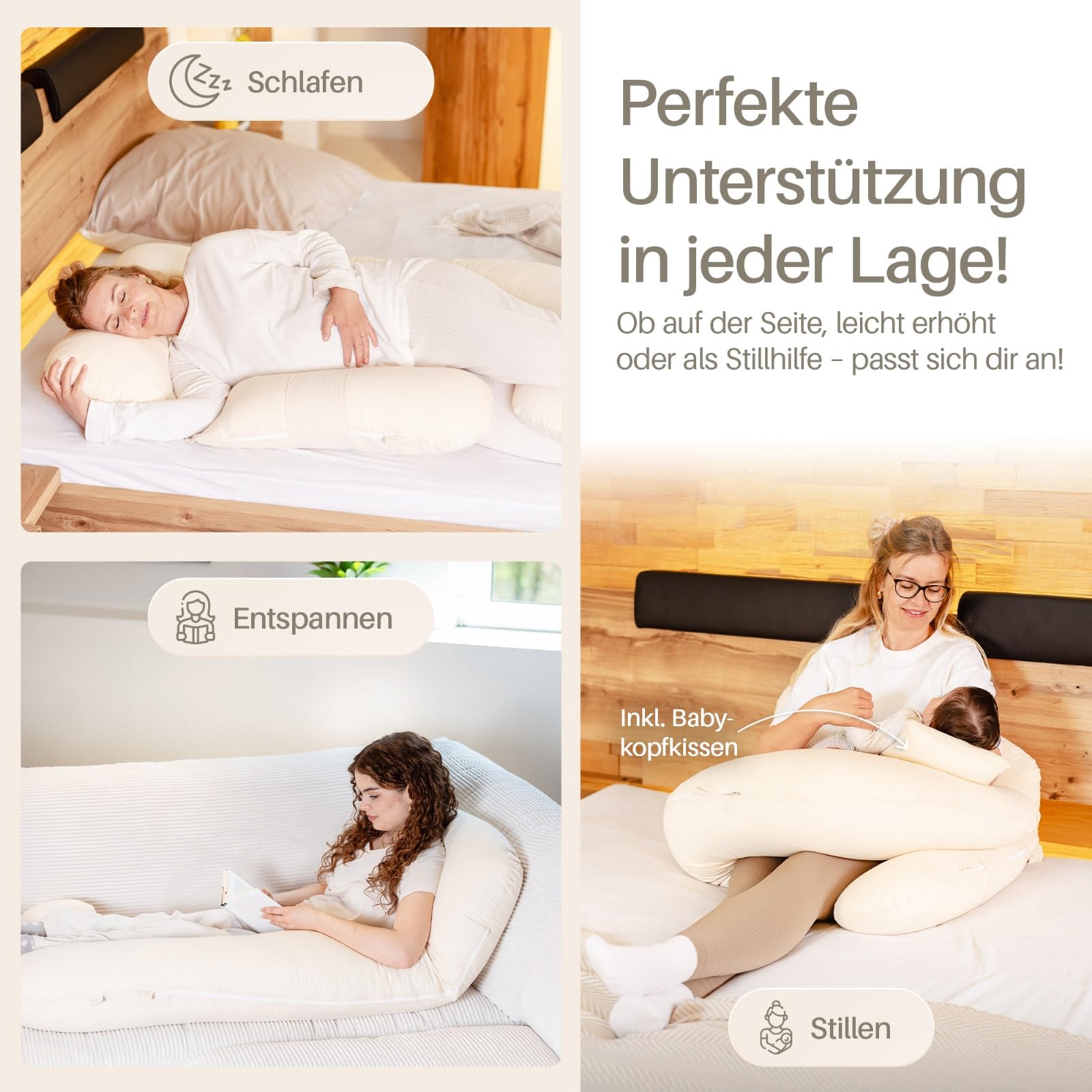 Seitenschläferkissen XL, Schwangerschaftskissen, Stillkissen, Memory Foam Füllung, Kissenbezug 100% Baumwolle, Kuschelkissen, Lagerungskissen, Viskosebezug, Pregnancy Pillow, beige