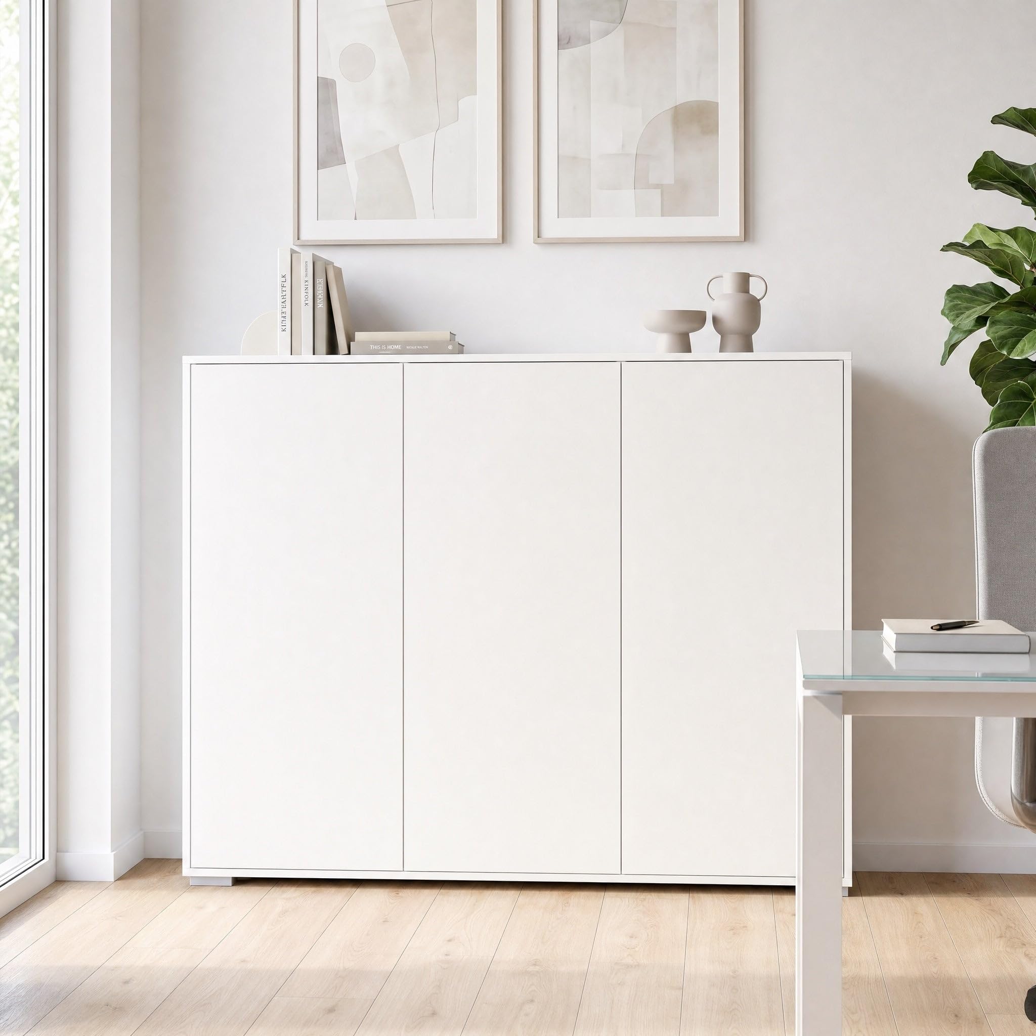 Highboard Elena M2, Aktenschrank mit Push-to-Open, Made in Germany, Moderner Schrank für Wohnzimmer Büro Weiß matt (152,5 x 118 x 37 cm)