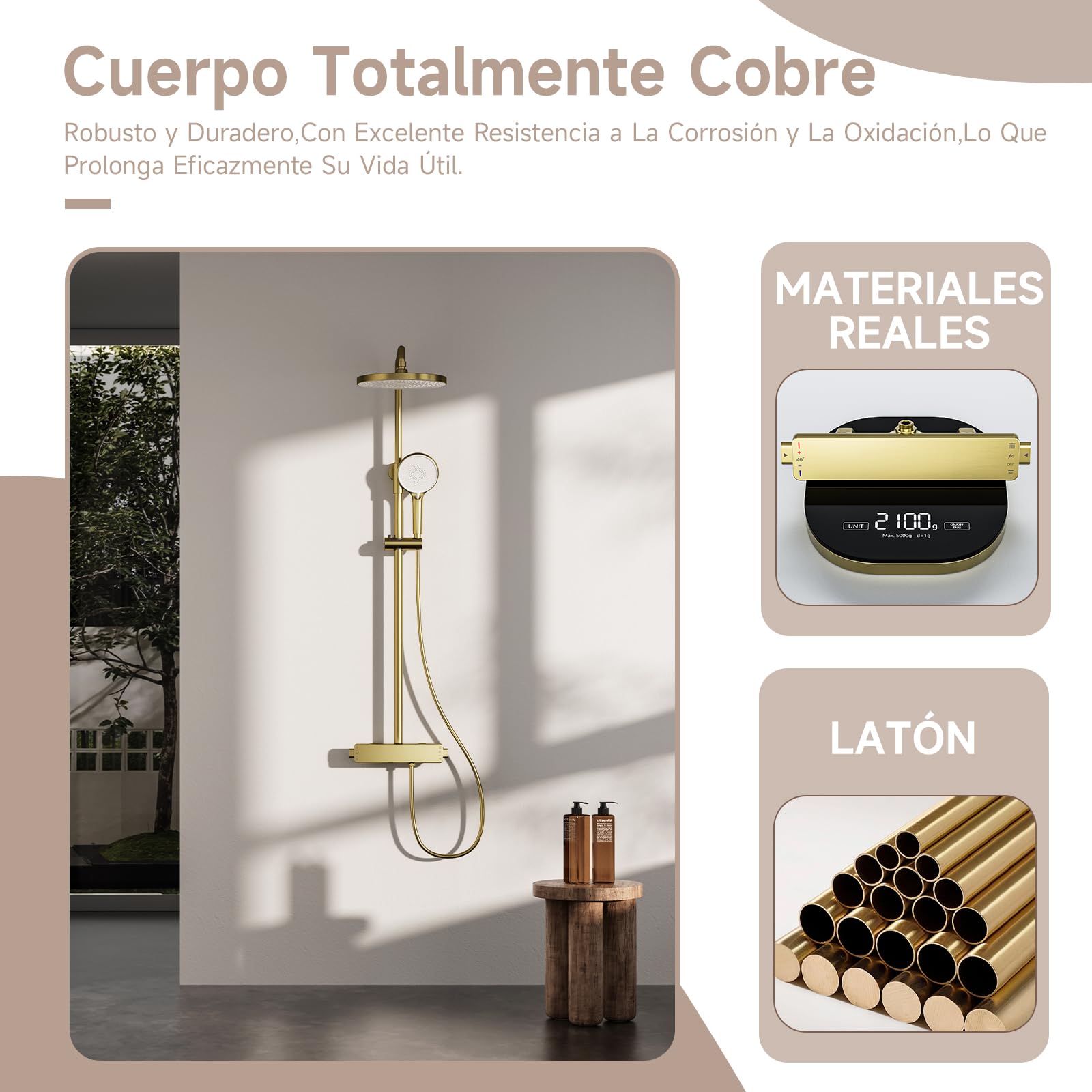 Columna ducha,Sistema de ducha retro de oro cepillado,Columna de ducha termostática,3 funciones Juego de ducha de pared,Con 260mm rociador redondo,Grifo de bañera,Ducha de mano de 3 modos