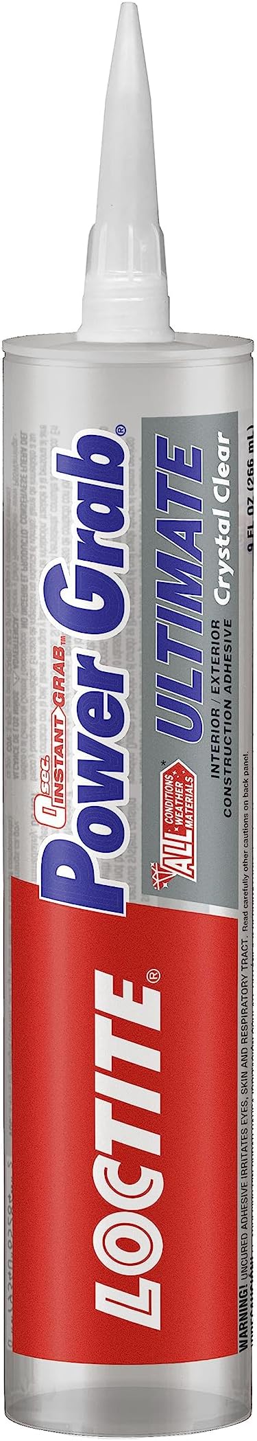 Power Grab Ultimate Crystal Clear Construction Adhesive, 9 fl oz Cartridge, 1 Pack - Versatile Construction Glue for Cement, Tile, Wall & More