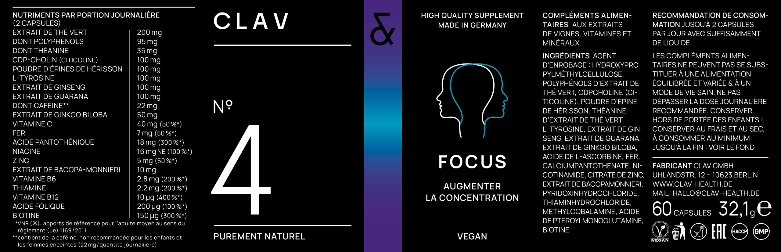 N°4 FOCUS - Supplément Nootropique - Brain Booster améliore la Memoire et Concentration - avec Citicoline + Ginko Biloba + Bacopa Brahmi - 60 Gélules Végan - CLAV Nootropics