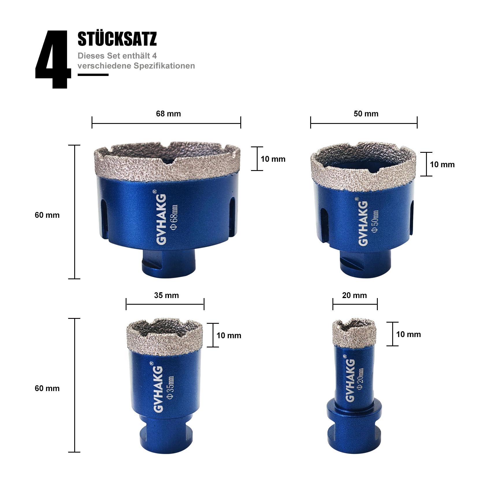 Juego de 4 brocas de diamante para azulejos con rosca M14, sierra perforadora de diamante (20/35/50/68 mm) para azulejos, porcelana, cerámica, mármol, granito, para amoladora angular