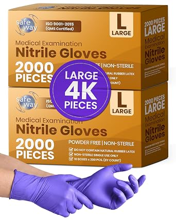SAFEWAY USA 4000 pcs, Large, 4 Mil Nitrile Disposable Gloves Multi-Purpose Powder-Free and Non-Latex Textured Fingertips for Medical Use, Nursing, Lab Work, Kitchen Prep, Cleaning, Tattooing & More