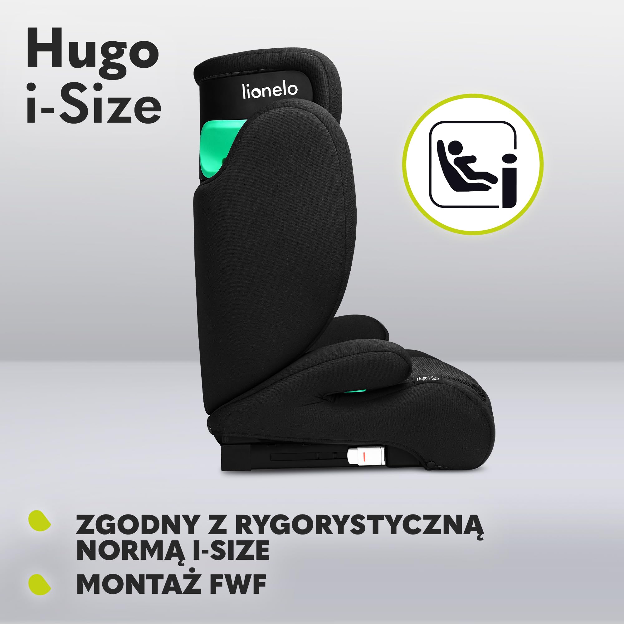 LIONELO HUGO I-SIZE Fotelik Samochodowy Dziecięcy, Grupa 2 3, od 100-150 cm Montaż ISOFIX Regulowany Zagłówek Memory Foam Ochrona Boczna Wygodne Podłokietniki Wypinane Oparcie