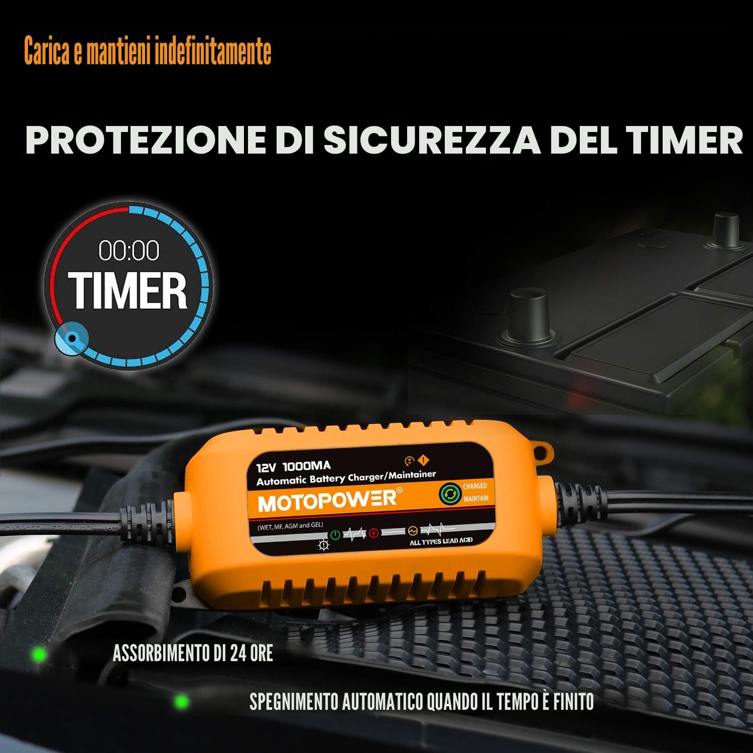 MOTOPOWER Caricabatterie automatico da 12 V 1000 mA per la manutenzione della batteria, caricatore di mantenimento e desolfatore della batteria con protezione del timer