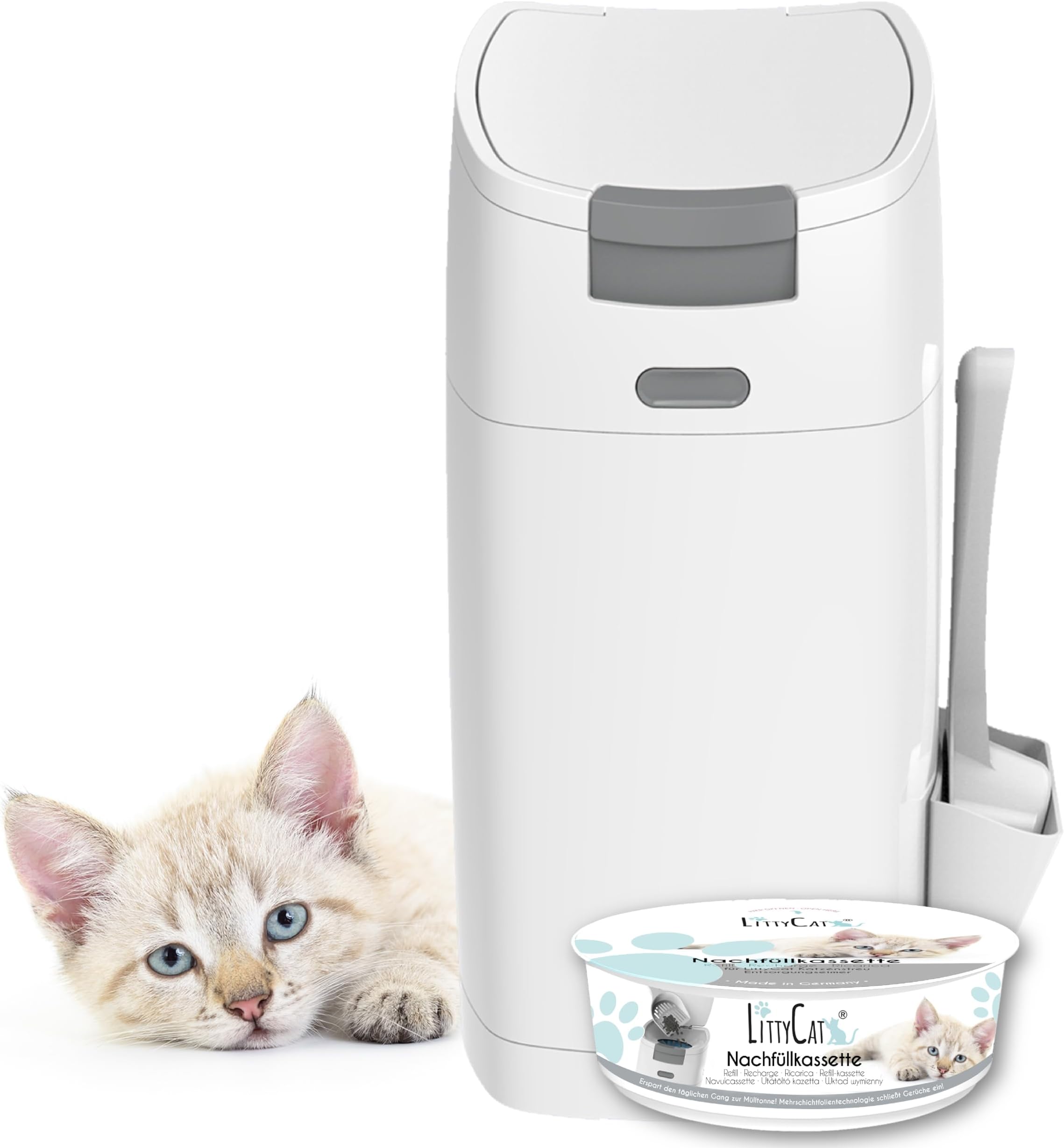 Cat Litter Disposal Bin with Scoop Including Refill Cassette Cat Litter Bin in White / Grey