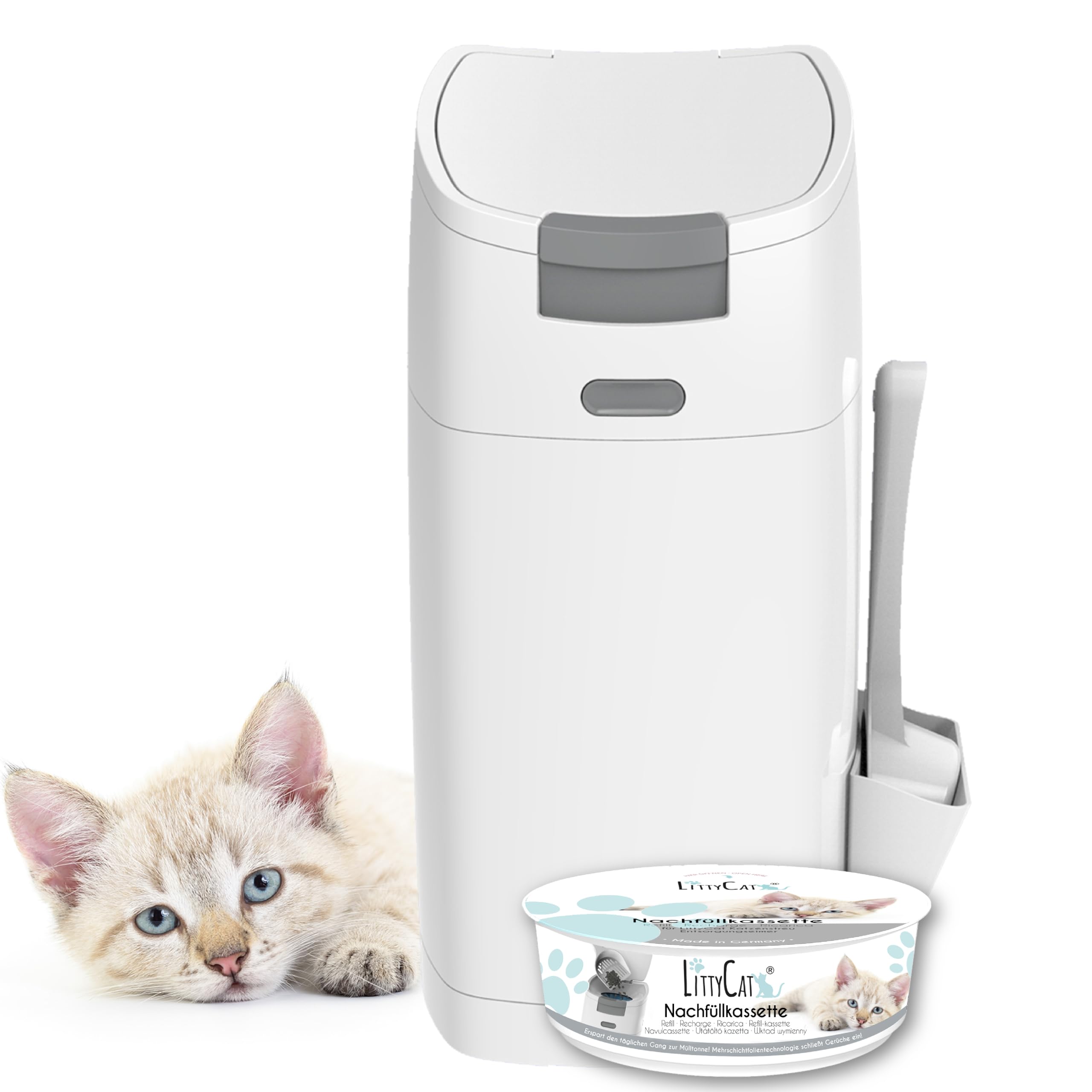 Littycat Cat Litter Disposal Bin with Scoop - Includes Refill Cassette - Cat Litter Bin White / Grey