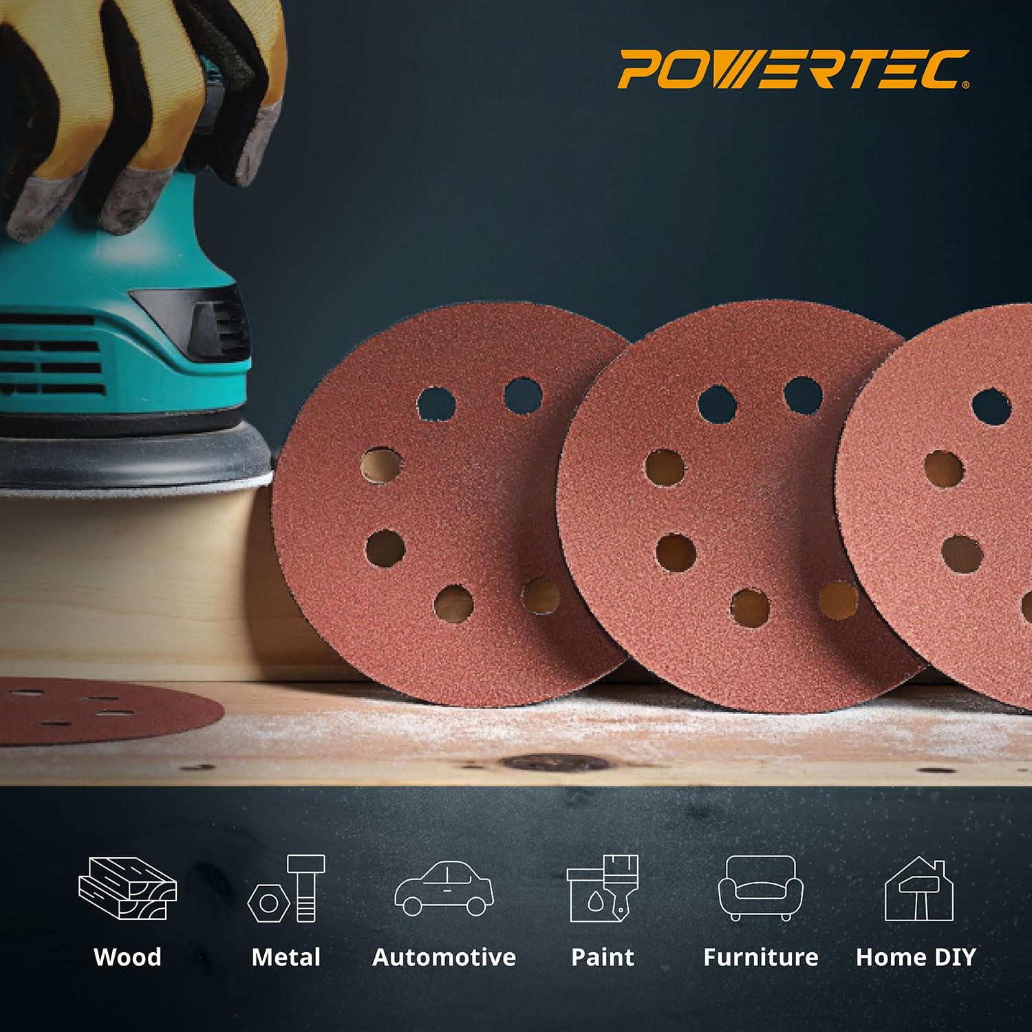 POWERTEC 45004-P4 - Dischi abrasivi a 8 fori, grana 40, 100 pezzi, carta vetrata per levigatrici orbitali casuali