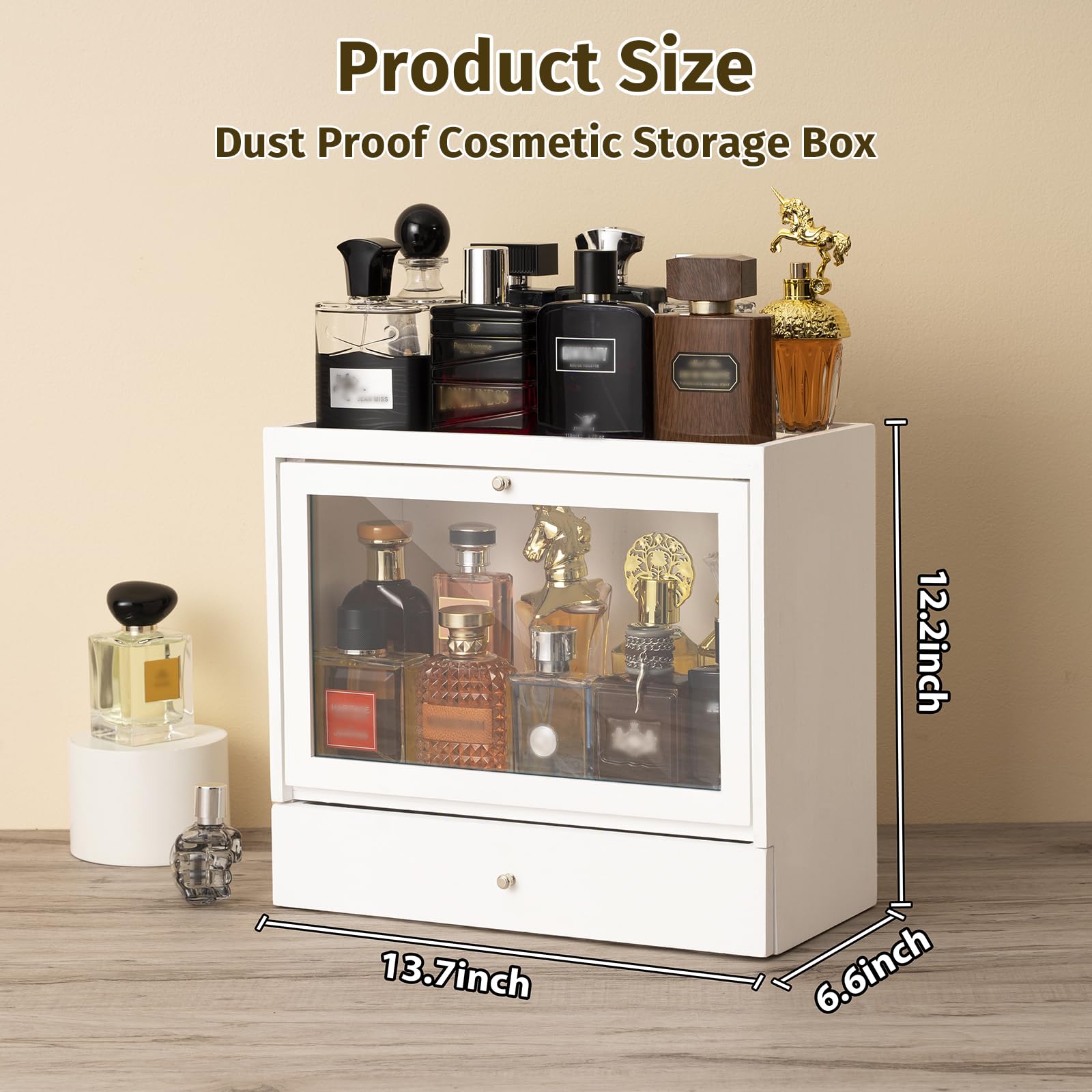 Soporte de colonia, organizador de perfume de madera maciza para hombre, organizador de perfume a prueba de polvo de gran capacidad con cajón de almacenamiento de perfumes, joyas y cosméticos