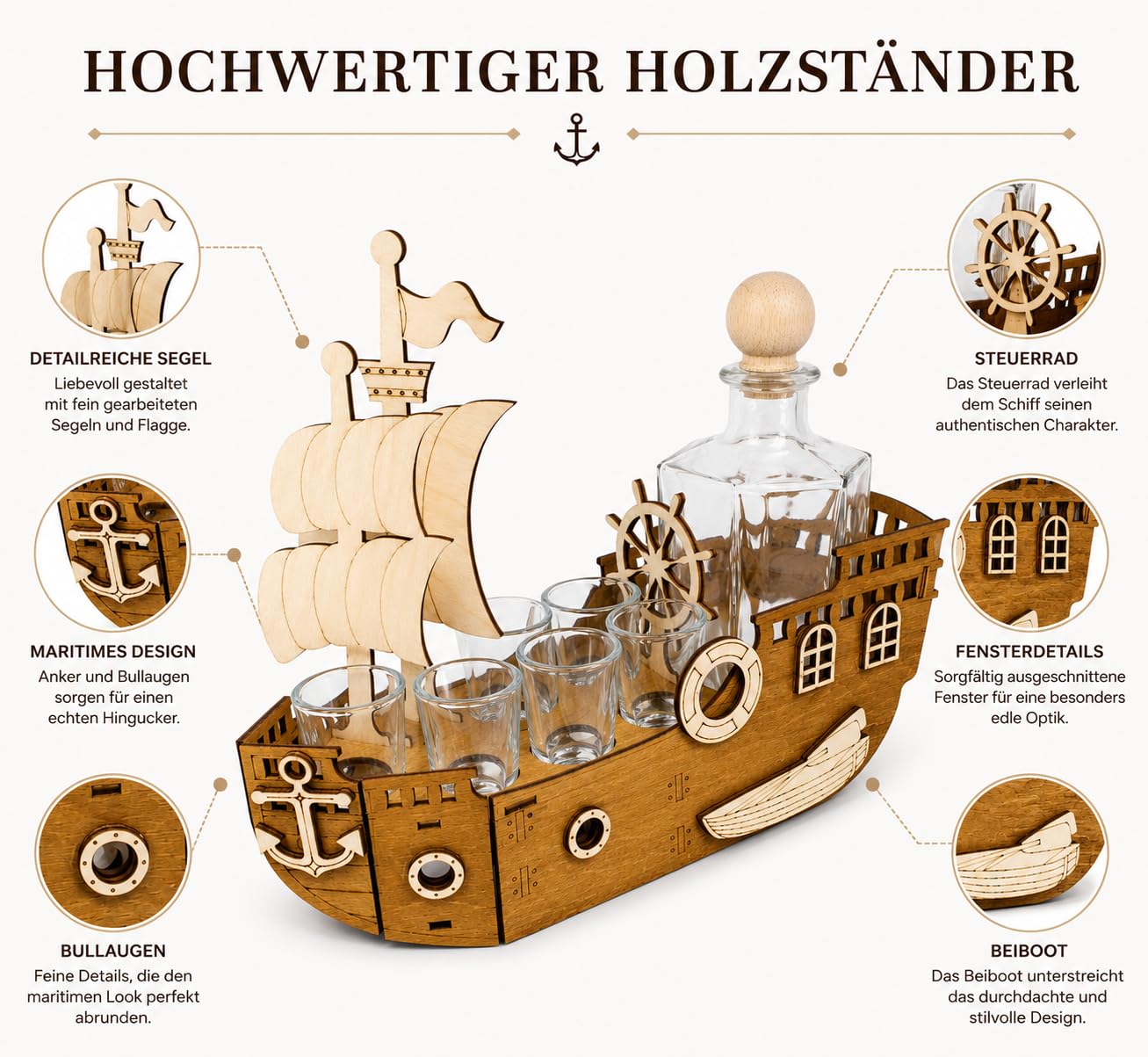 Schiff mit Karaffe & 6 Gläsern – Geschenk für Männer | Piraten-Deko aus Holz | Barzubehör für Schnaps, Wodka, Whisky | Vatertag, Geburtstag, Papa
